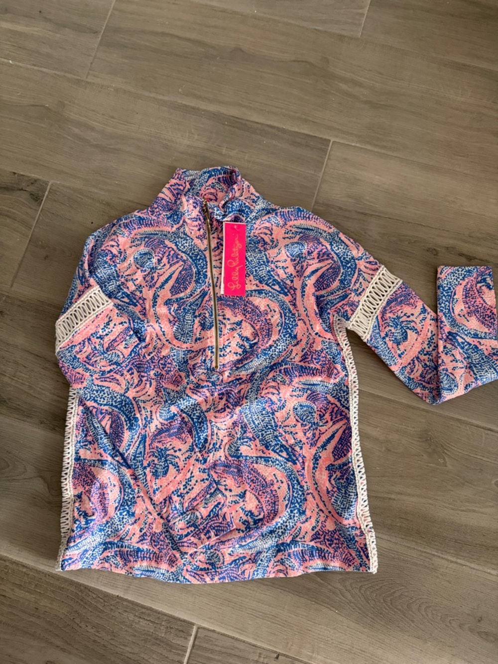 Lilly Pulitzer Pink and Navy Swirl Crochet-Trim Half-Zip Pullover